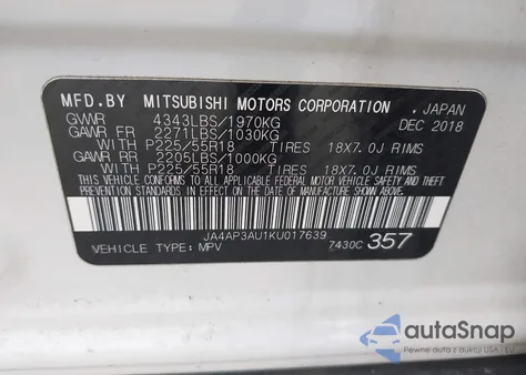 2019 Mitsubishi Outlander Sport 2.0 Es z USA, uszkodzony, nr VIN JA4AP3AU1KU017639